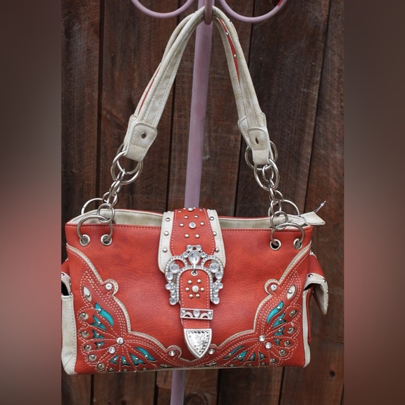 Orange and Turquoise Studded Accented Western Style Satchel Handbag - Picture 14 of 16